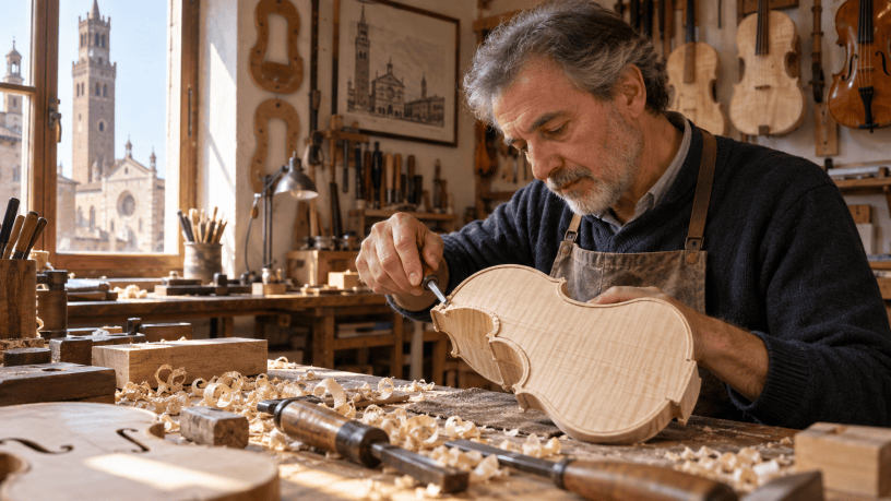 Maestro liutaio al lavoro nella sua bottega di Cremona mentre rifinisce a mano la cassa armonica di un violino.