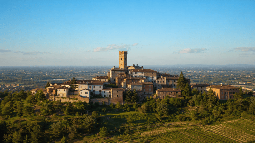 Veduta panoramica rappresentativa di Lu Monferrato, con il borgo storico, la Torre civica e le colline circostanti.