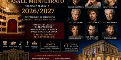 Stagione 2026/2027 del Teatro Municipale di Casale Monferrato, con il teatro e una rappresentazione illustrativa dei protagonisti del nuovo cartellone.