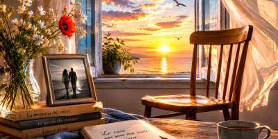 Sedia vuota davanti a una finestra illuminata dal tramonto, con fotografia, fiori, libri e un quaderno aperto, simboli della memoria e dell’assenza.