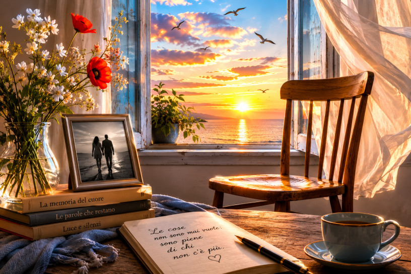 Sedia vuota davanti a una finestra illuminata dal tramonto, con fotografia, fiori, libri e un quaderno aperto, simboli della memoria e dell’assenza.