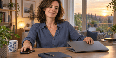 Una lavoratrice chiude il computer e posa lo smartphone al termine della giornata, esercitando il diritto alla disconnessione.
