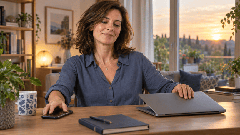 Una lavoratrice chiude il computer e posa lo smartphone al termine della giornata, esercitando il diritto alla disconnessione.