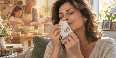 Donna che annusa un fazzoletto profumato mentre riaffiora il ricordo dell’infanzia trascorsa in cucina con la nonna.