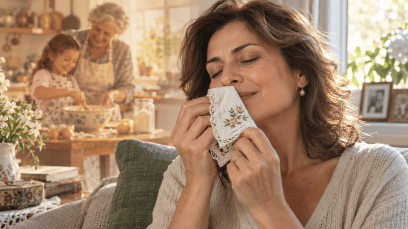 Donna che annusa un fazzoletto profumato mentre riaffiora il ricordo dell’infanzia trascorsa in cucina con la nonna.