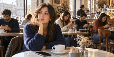 Una giovane donna seduta in un locale osserva pensierosa le persone intorno a lei, tutte concentrate sui propri smartphone.