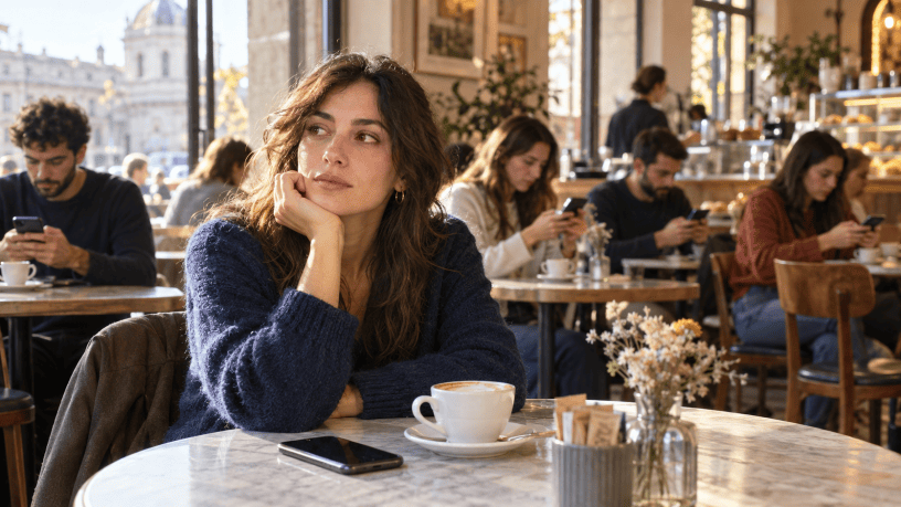 Una giovane donna seduta in un locale osserva pensierosa le persone intorno a lei, tutte concentrate sui propri smartphone.