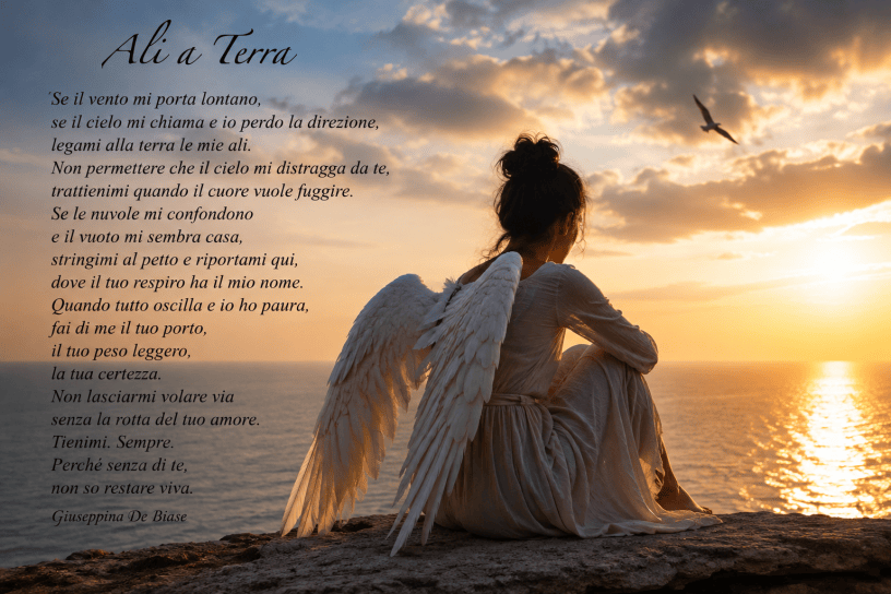 Donna con ali bianche seduta davanti al mare al tramonto, immagine ispirata alla poesia Ali a Terra di Giuseppina De Biase.