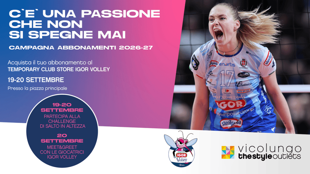 Promotional image for IGOR Volley subscription campaign 2026-27, featuring a volleyball player celebrating intensely. The design includes event dates, activities, and logos of sponsors.