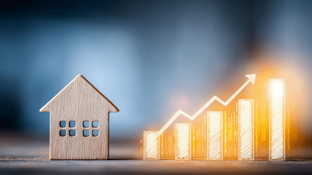 A wooden house icon next to a rising bar graph with an upward trend, symbolizing real estate growth and investment.
