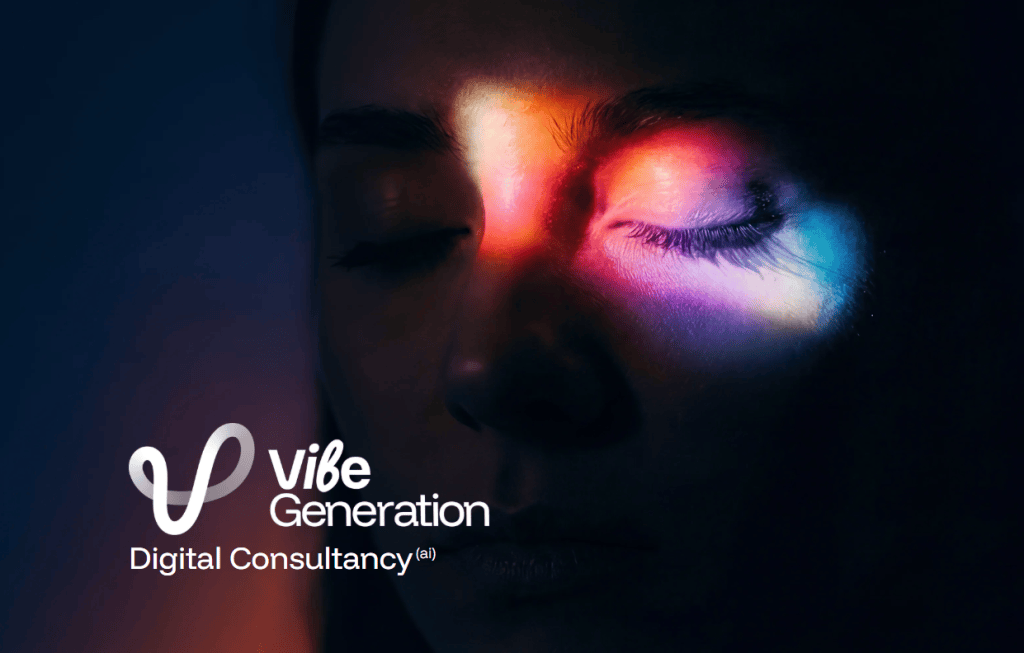 A close-up of a woman's face with her eyes closed, illuminated by colorful light patterns, accompanied by the Vibe Generation logo and the text 'Digital Consultancy'.