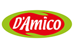 Logo of D'Amico, featuring the brand name in red on a green oval background.