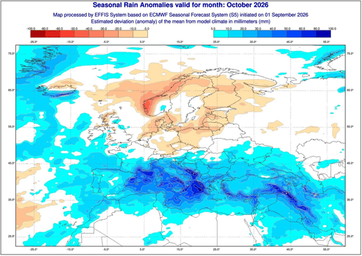 Map showing seasonal rain anomalies for October 2026, with areas of varying precipitation levels indicated in colors ranging from dark blue (higher rainfall) to orange (lower rainfall).