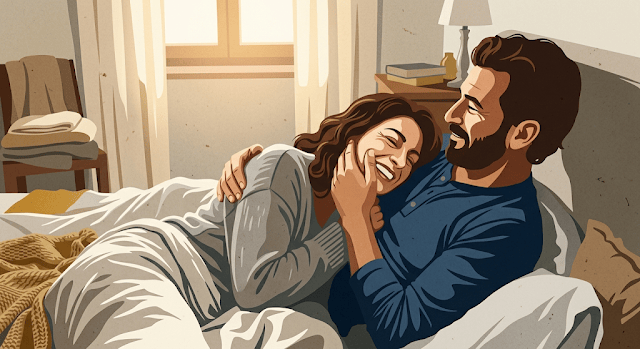 A couple laughing and enjoying each other's company while cuddling in bed, with soft morning light streaming through a window.