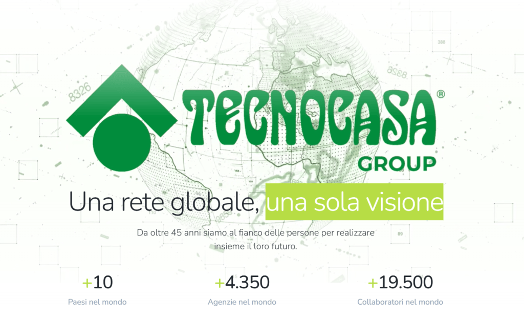 Logo of Tecnocasa Group featuring a green house and circle icon with a world map background, highlighting global reach and collaboration.