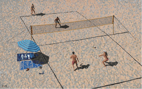 A sunny beach scene featuring two people playing volleyball while another person watches. In the foreground, there is an umbrella and beach towels laid out on the sand.