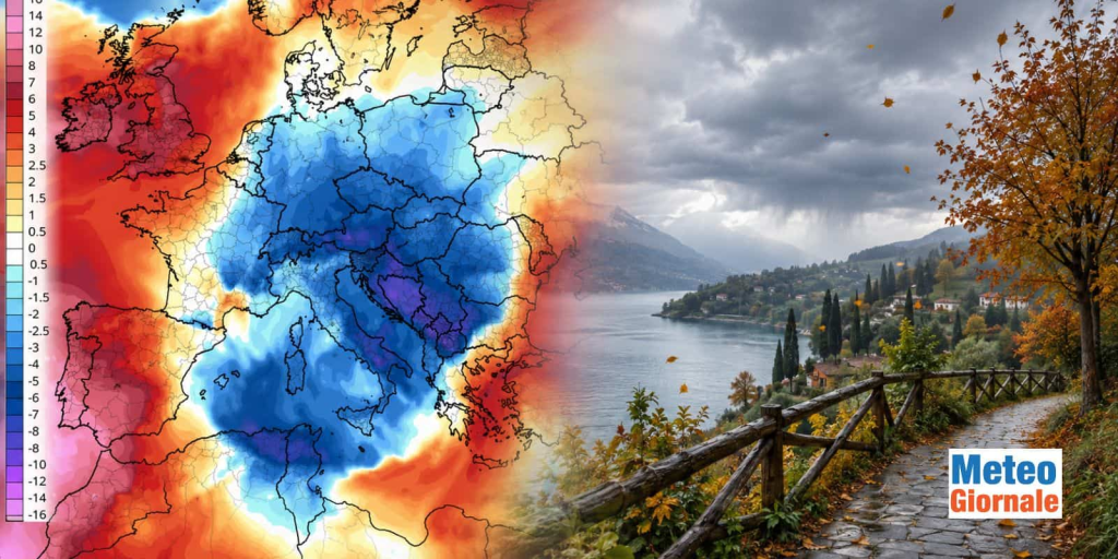 A weather map showing temperature variations across Europe, with areas in blue indicating colder temperatures and red indicating warmer temperatures, alongside a scenic view of a lake and autumn foliage with a cloudy sky.