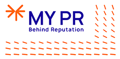 Logo of MY PR with the tagline 'Behind Reputation', featuring an orange star symbol and dynamic orange lines.