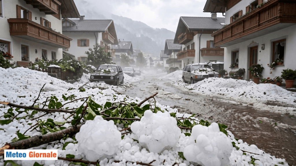 A street in a residential area covered with large hailstones and debris, with partially submerged cars and misty weather in the background.
