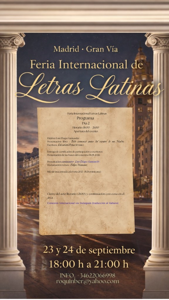 Promotional poster for the Feria Internacional de Letras Latinas in Madrid, featuring program details for the event scheduled on September 23 and 24, 2023, from 18:00 to 21:00. Includes information about presentations, speaker names, and contact details.