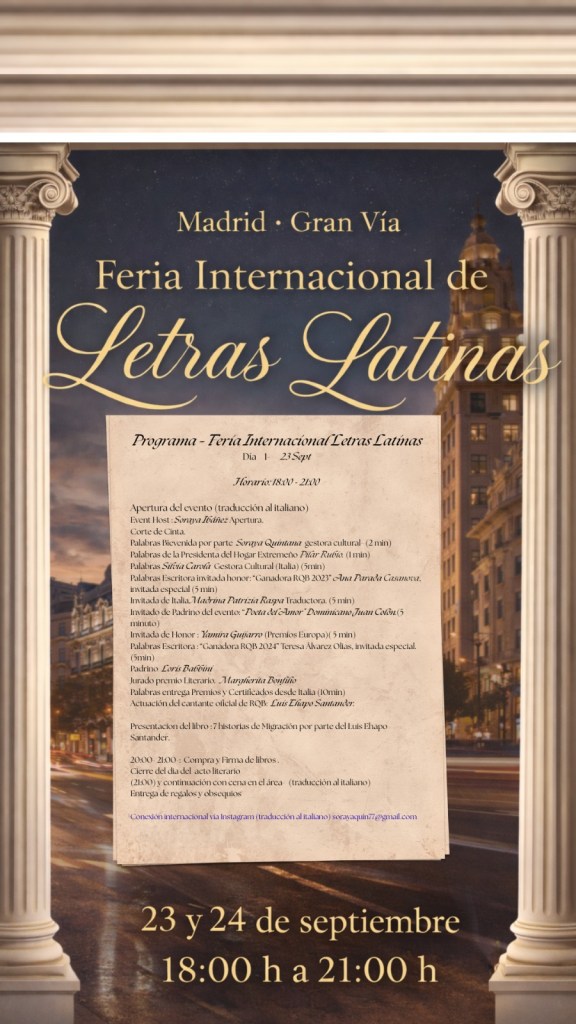 Poster for the Feria Internacional de Letras Latinas in Madrid, featuring event details, dates, and a schedule. The design includes ornate columns and a nighttime city backdrop.