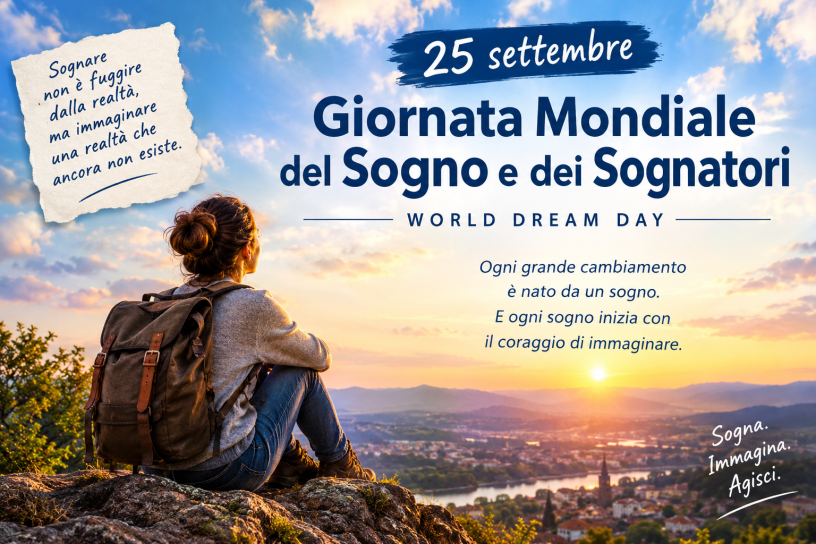 Giornata Mondiale del Sogno e dei Sognatori, 25 settembre, persona davanti all’orizzonte al sorgere del sole.