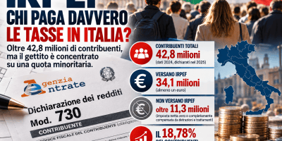 Infografica sull’IRPEF in Italia con contribuenti, dichiarazione dei redditi e dati sulla distribuzione del gettito fiscale.