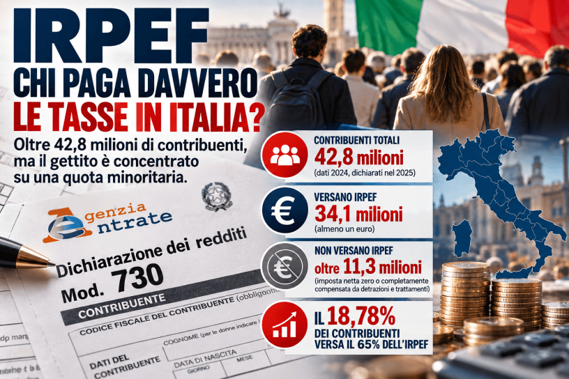 Infografica sull’IRPEF in Italia con contribuenti, dichiarazione dei redditi e dati sulla distribuzione del gettito fiscale.