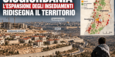 Veduta illustrativa della Cisgiordania con insediamenti, nuove costruzioni, infrastrutture e rappresentazione cartografica dell’area E1 e di Gerusalemme Est.