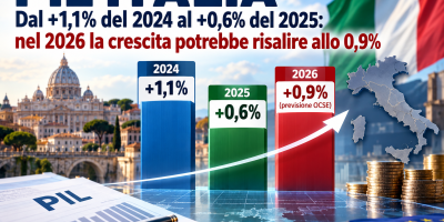 PIL Italia, confronto della crescita economica dal +1,1% del 2024 al +0,6% del 2025 e previsione +0,9% nel 2026.