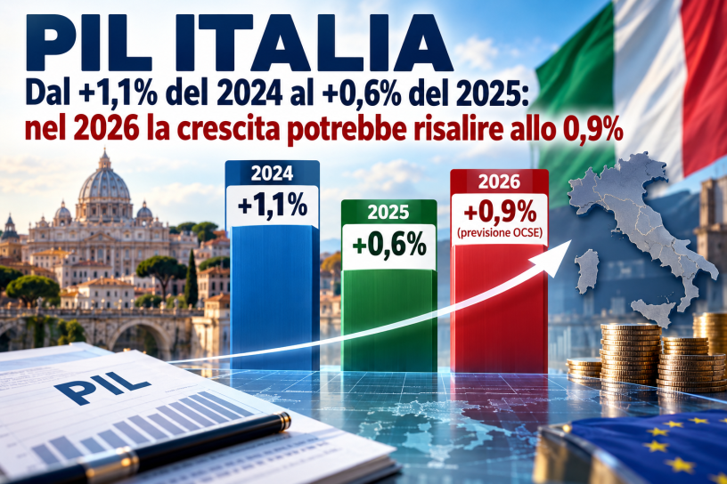 PIL Italia, confronto della crescita economica dal +1,1% del 2024 al +0,6% del 2025 e previsione +0,9% nel 2026.