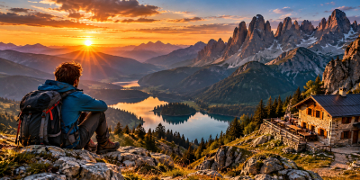 Escursionista osserva al tramonto un vasto paesaggio di montagne, laghi e vallate accanto a un rifugio alpino, simbolo di silenzio, libertà e riscoperta di se stessi