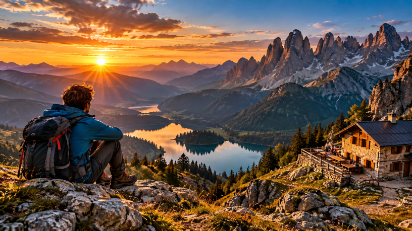 Escursionista osserva al tramonto un vasto paesaggio di montagne, laghi e vallate accanto a un rifugio alpino, simbolo di silenzio, libertà e riscoperta di se stessi