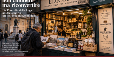 Edicola riconvertita in Piazzetta della Lega ad Alessandria con libri e prodotti tipici del territorio.