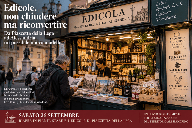Edicola riconvertita in Piazzetta della Lega ad Alessandria con libri e prodotti tipici del territorio.