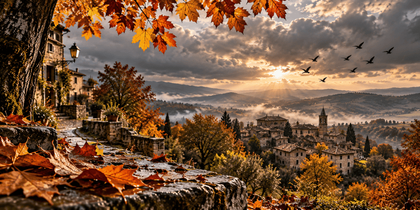 Paesaggio autunnale con borgo antico, foglie bagnate, cielo nuvoloso, raggi di sole e uccelli in volo, ispirato alla poesia di Francesca Giordano.