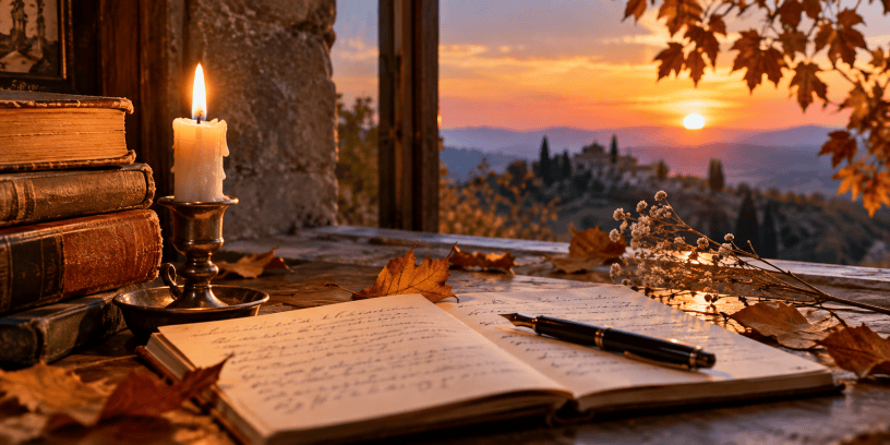 Quaderno aperto con penna, candela, libri e foglie autunnali davanti a un paesaggio al tramonto, immagine ispirata alla poesia Prima della polvere di Giuseppina De Biase.