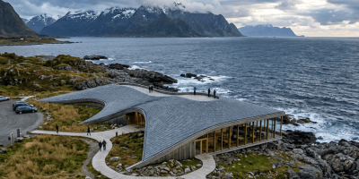 Modern seaside visitor center beside rocky coast and snow-capped mountains