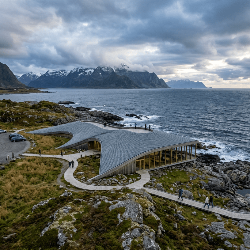 Modern seaside visitor center beside rocky coast and snow-capped mountains