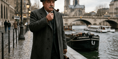 Man in hat and overcoat smoking pipe beside the Seine in Paris