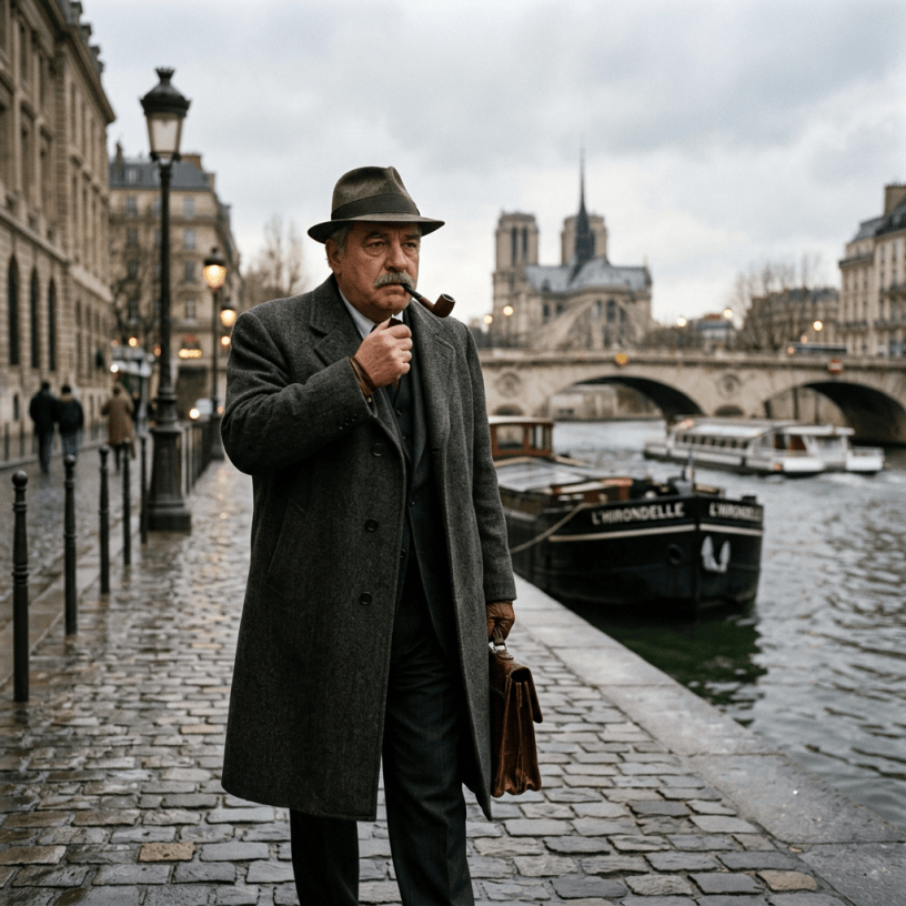 Man in hat and overcoat smoking pipe beside the Seine in Paris