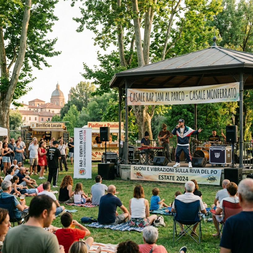 Outdoor concert with crowd, band, and banners reading Rao Music al Parco, Casale Monferrato; Suoni e Vibrazioni sulla Riva del Po, Estate 2024