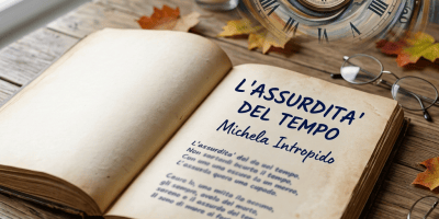 Open book titled “L’ASSURDITA’ DEL TEMPO” with vintage clock and candle