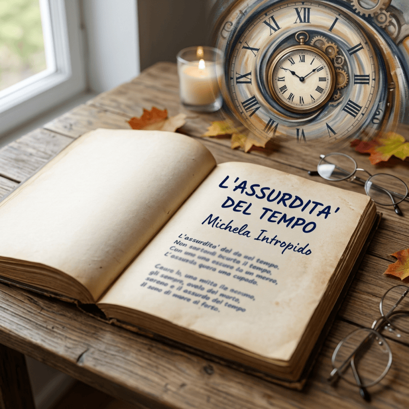Open book titled “L’ASSURDITA’ DEL TEMPO” with vintage clock and candle