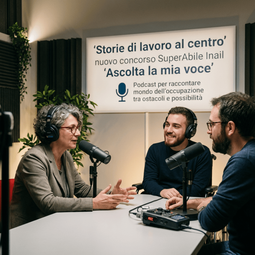 Three people recording a podcast beneath an Italian employment-themed sign