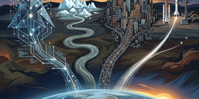 Futuristic landscape linking artificial intelligence, nature, cities, and space exploration