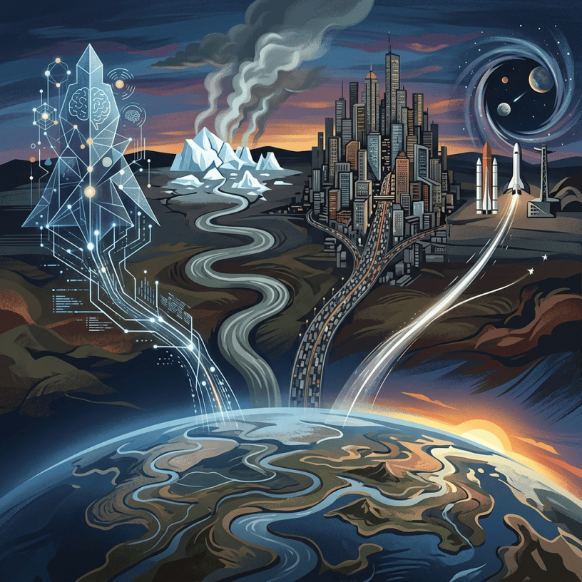 Futuristic landscape linking artificial intelligence, nature, cities, and space exploration