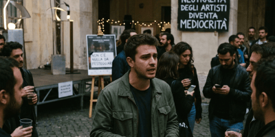 Protester holding “NON C’È NULLA DA FESTEGGIARE” beneath sign “QUANDO LA NEUTRALITÀ DEGLI ARTISTI DIVENTA MEDIOCRITÀ”