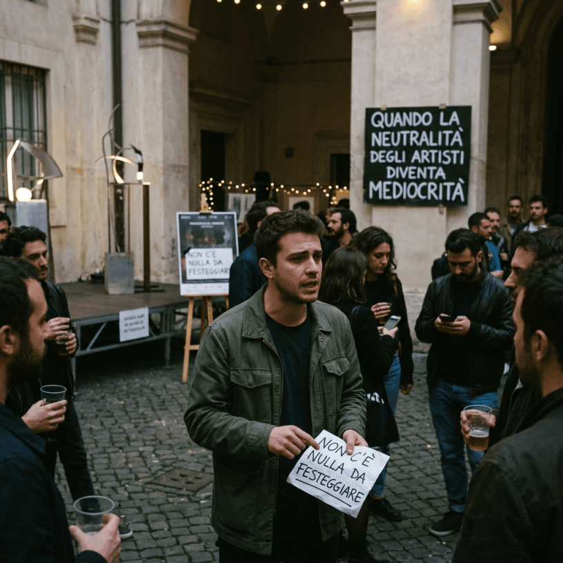 Protester holding “NON C’È NULLA DA FESTEGGIARE” beneath sign “QUANDO LA NEUTRALITÀ DEGLI ARTISTI DIVENTA MEDIOCRITÀ”
