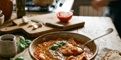 Bowl of tomato soup with basil, bread, garlic, and tomato in a rustic kitchen